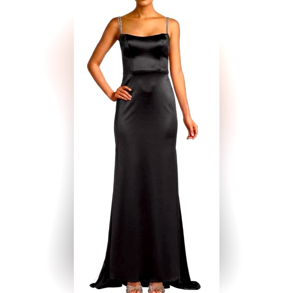 Elegant Black Satin Evening Gown with Embellished Straps